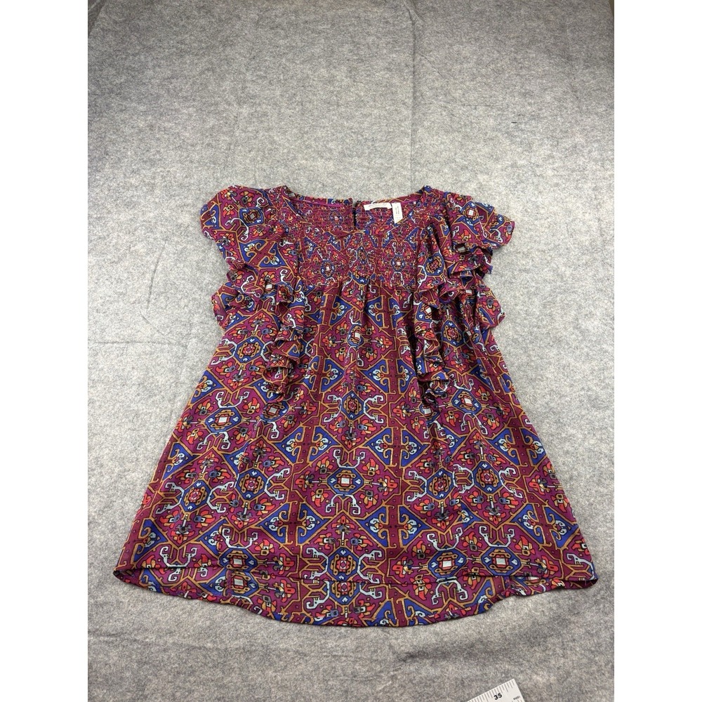Anthropologie MEADOW RUE Women 8 Majolika Blouse Top Red Blue Semi Sheer Flutter